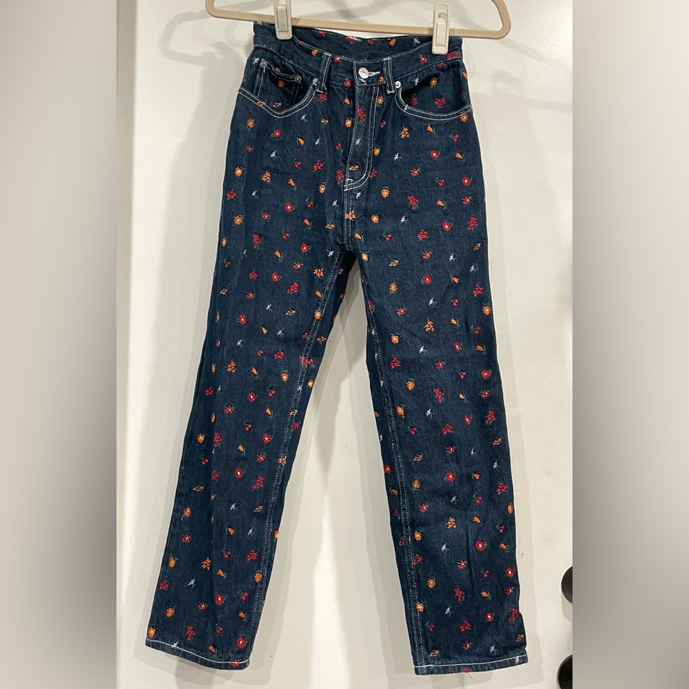 X-girl Floral Embroidered Straight Leg Jeans, cotton, drk blue/red, sz1 (24),EUC - Picture 2 of 14